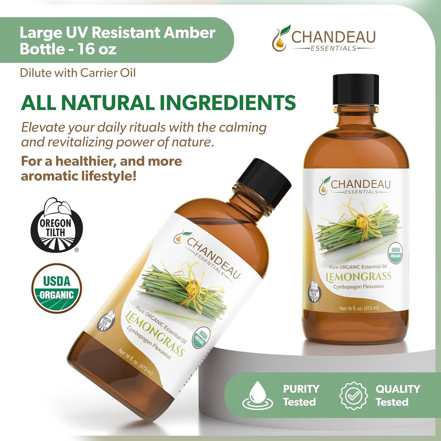 100% Pure Organic Essential Oil, Pure Lemongrass Essential Oil for Aromatherapy, Soap Making, Candles, Laundry, Perfume, Cleaners or Diffusers - Large Amber Glass Bottle, 16 oz.