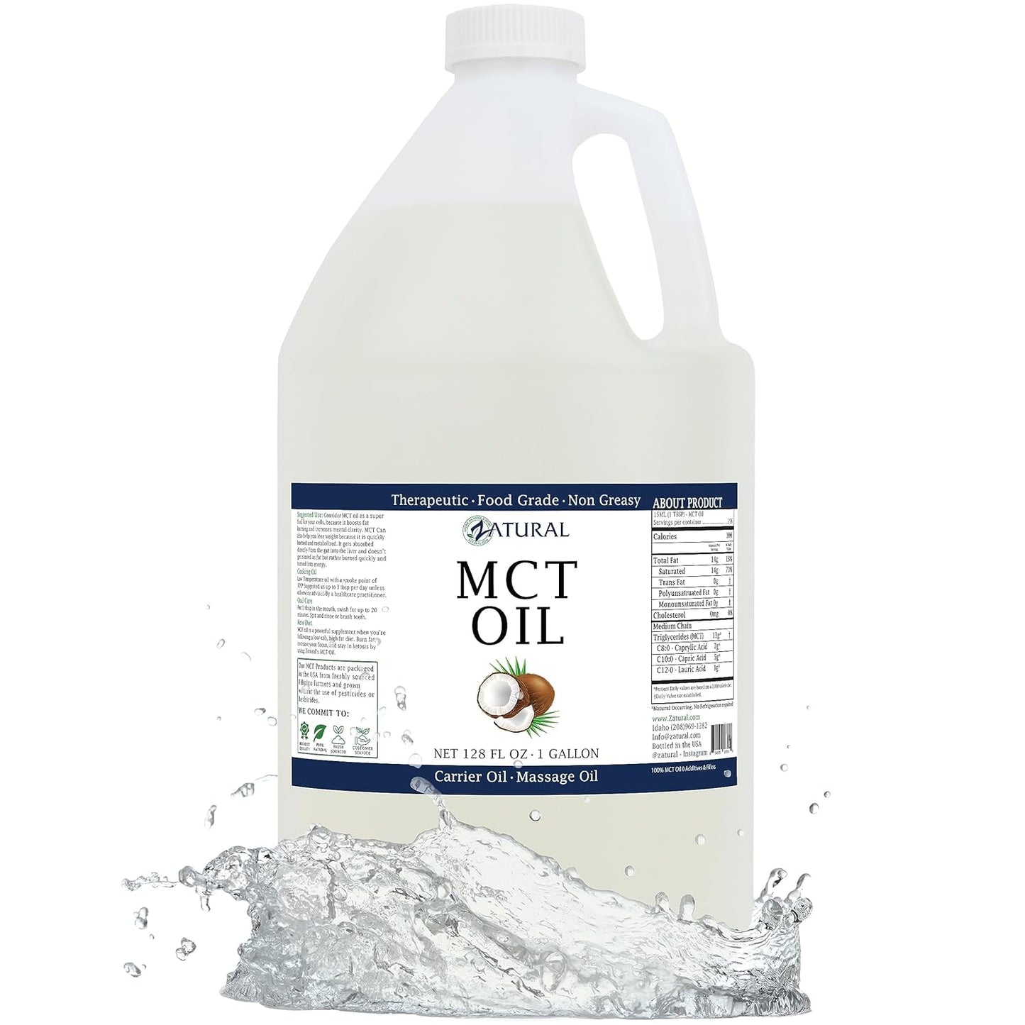 MCT Oil, Certified Food and Therapeutic Grade, Carrier Oil, Massage Oil, Hydrating Oil, Hair Oil, 0 Additives, Pure MCT Oil (128 Ounce (1Gallon))
