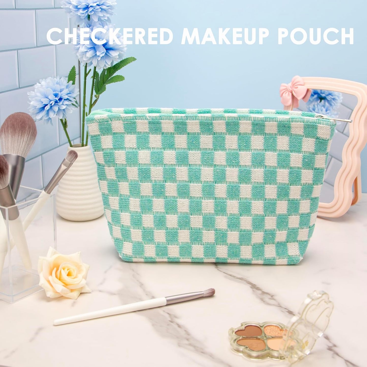 PAZIMIIK Knitted Checkered Makeup Bag Large Zipper Make Up Accessory Pouch for Purse Cosmetic Brush Bag for Travel Essential Arctic Blue