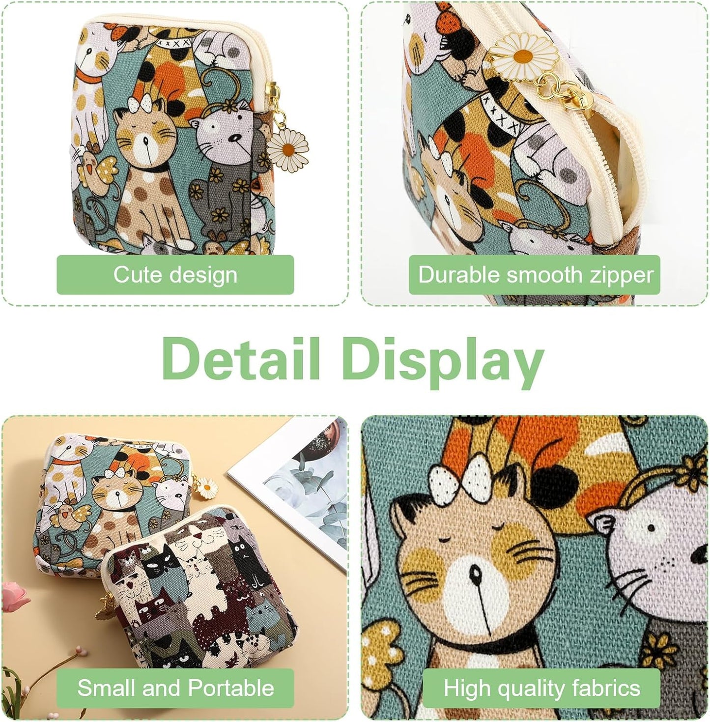 cobee 2PCS Sanitary Pad Storage Bag, Cute Sanitary Napkin Storage Purses Portable Period Bag with Daisy Zipper Panty Liner Tampon Menstrual Cup Nursing Pad Holder Pouch for Girls Women Travel(Cat)