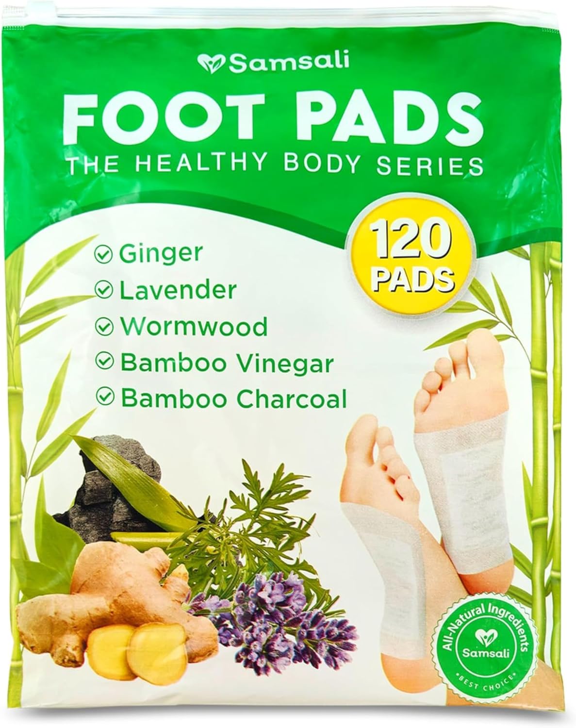 Samsali Ginger Foot Pads for Pain Relief: 120-Pack Natural Bamboo Vinegar Bamboo Charcoal Wormwood Lavender Ingredients Foot Patches - Comfort for Stress Relief - Ideal for Adults Elderly Sleep