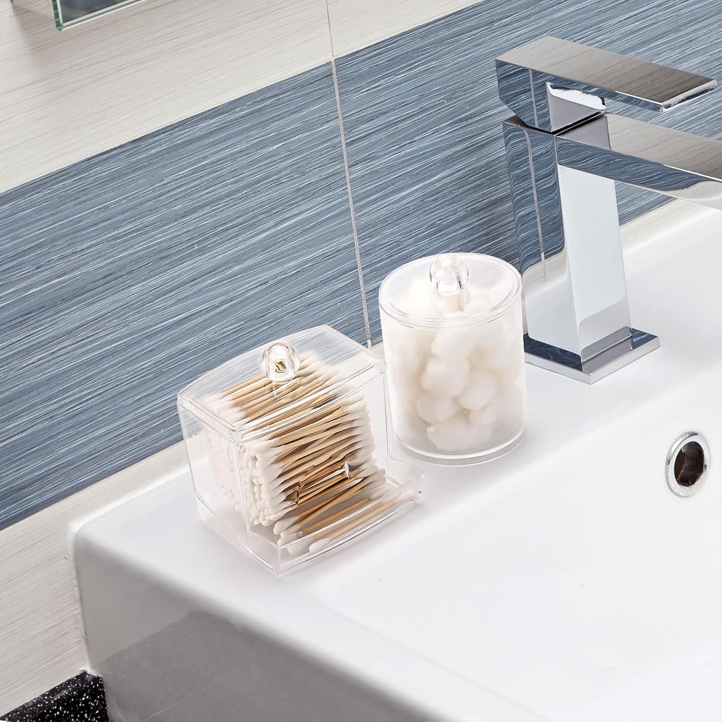 Tbestmax Qtips Holder Bathroom Dispenser, 10oz Big Qtip & 12oz Cotton Ball Holder, Clear Apothecary Jar Organizer for Storage Swabs, Rounds, Floss Picks