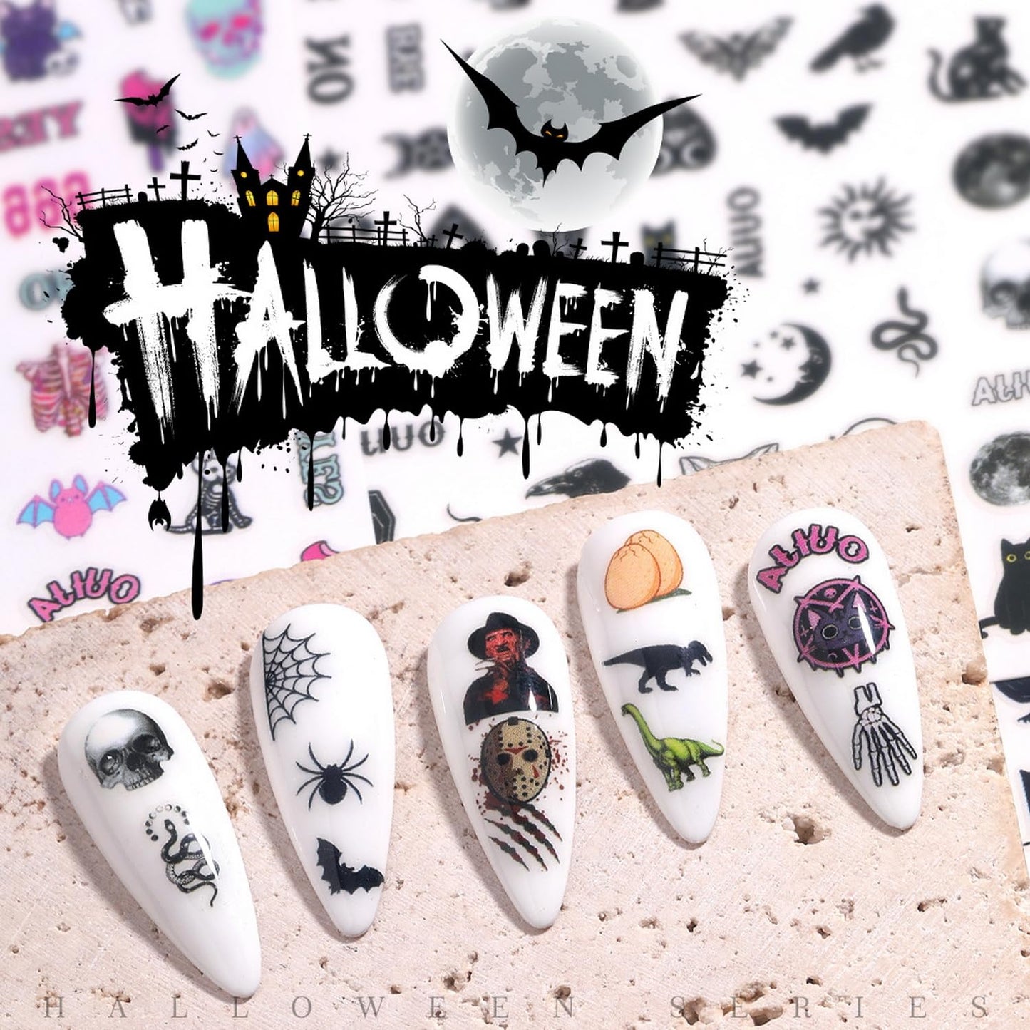 9 Sheets Halloween Nail Art Stickers Decals Scary Film Characters Ghost Face Skull 3D Self-Adhesive Nail Supplies Terror Vampire Spider Web Designs Holiday DIY Manicure Decorations for Women Kids Men