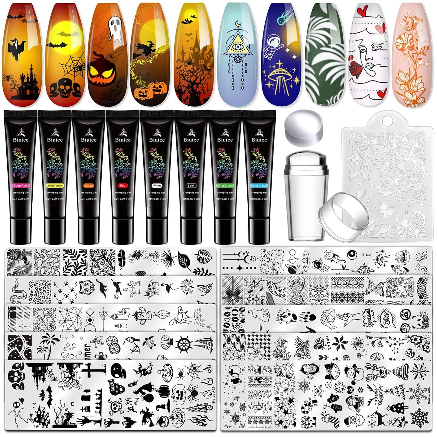 Biutee Gel Nail Stamping Kit with 8 Colors Nail Stamping Polish Gel Nail Stamping Plates 10PCS Nail Stamp Plates Nail Stamper Starry Sky Lace Flower Leaves Animal Nail Stamping Kit Nail Design