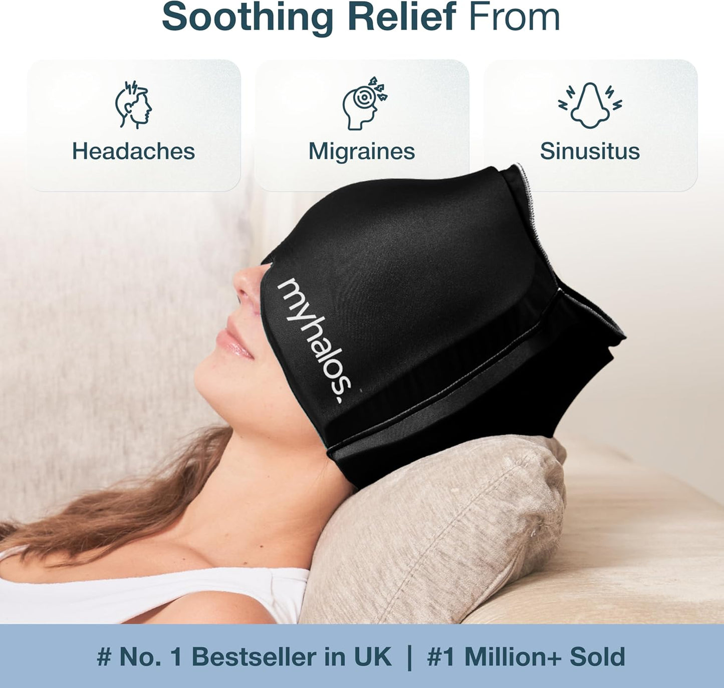 MyHalos® Migraine Relief Cap, 30% Thicker, 2X More Cooling Gel, Stays Colder for Longer, Ice Hat, Ice Pack Head Wrap, Cold Headaches & Migraine Mask - Hangover, Tension Headache Relief Cap (Black)