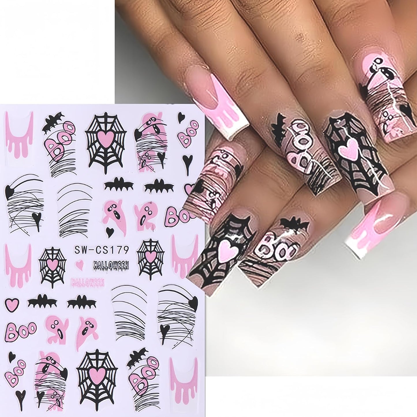8 Sheets Halloween Nail Art Stickers 3D Self-Adhesive Pink Pumpkin Spider Web Ghost Scar Nail Decals Cute Design Nail Decals for Women Girls DIY Nail Designs Supplies for Halloween Party