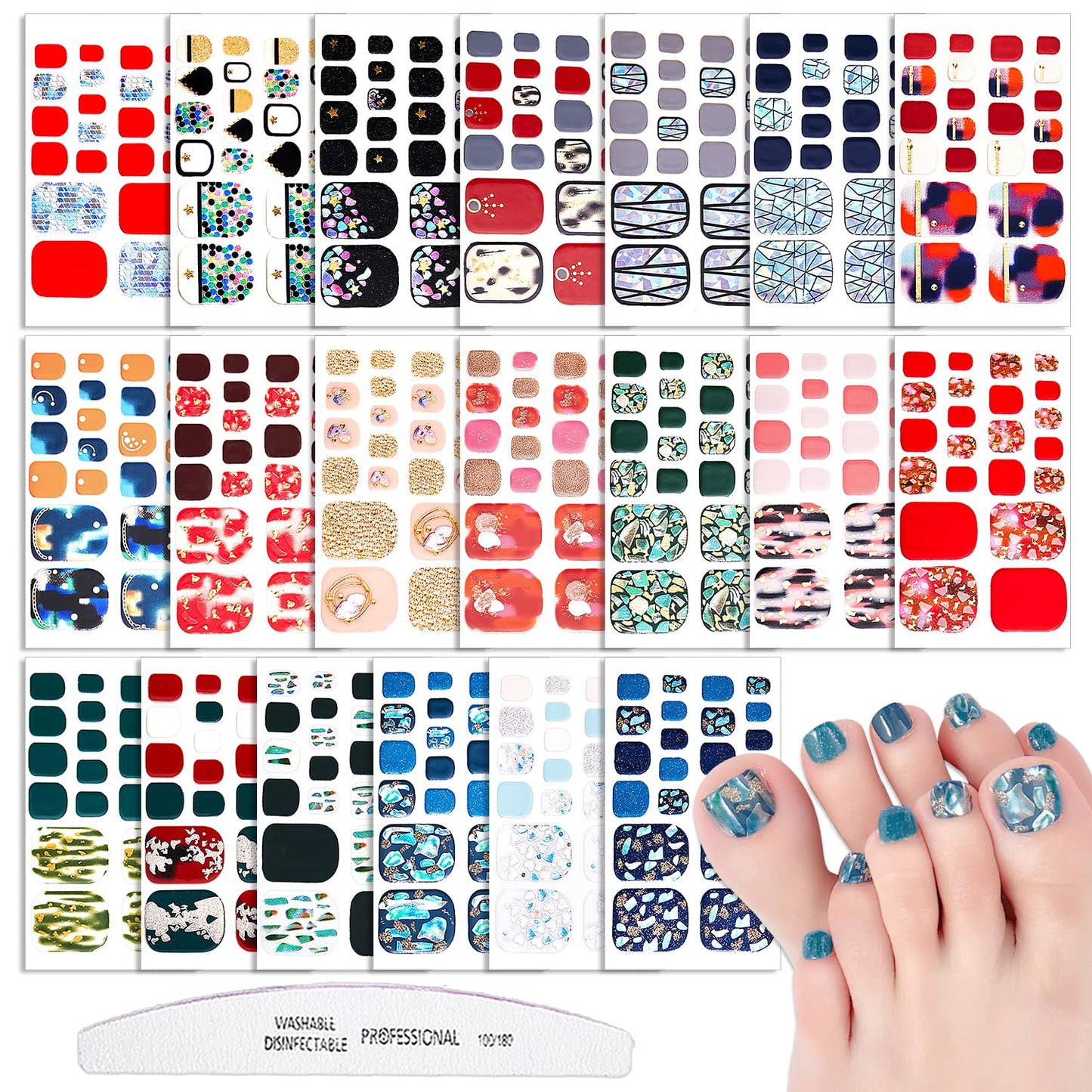 WOKOTO 20 Sheets 440 Pieces Toe Nail Polish Strips for Toes Women Nail Art Wraps Mermaid Gel Nail Strips for Toe Nails Iridescent Shell Flake Design Nail Polish Stickers Stick On Nails for Women