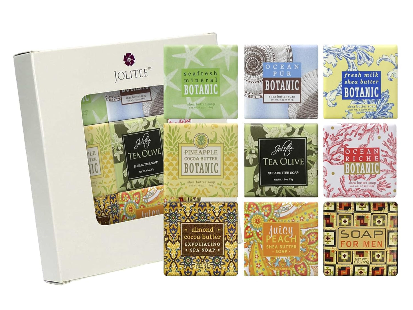 French Milled Botanical Soap Sampler Set of 9 - Individually Wrapped Vegetable-Based Mini Soaps with Essential Oils, Shea Butter, and Natural Extracts (Beach Scents)