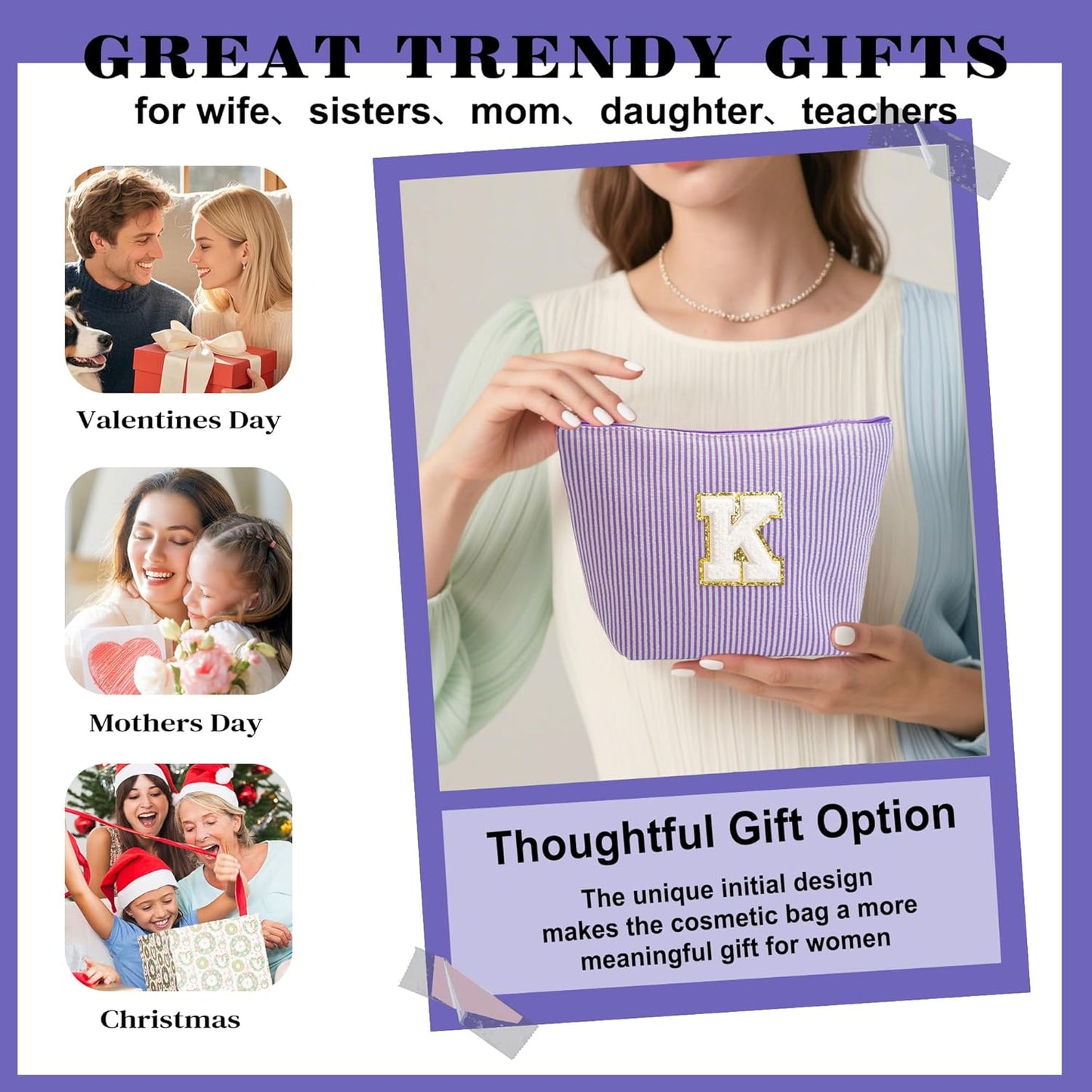 Travel Makeup Bag Set - Travel Essentials, Initial Make up Cosmetic Bag Makeup Pouch Travel Toiletry Bag | Cute Purple Stuff Birthday Gifts for Women Mom Daughter, Purple Letter A