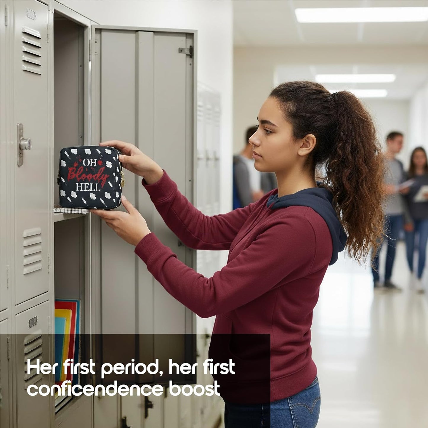 Primo Lines Period Bag for School – Compact Discreet Tampons & Pad Pouch with Waterproof Lining Cute & Stylish Period Pouches for Teen Girls for School and Travel, First Period Kit (Oh Bloody Hell)