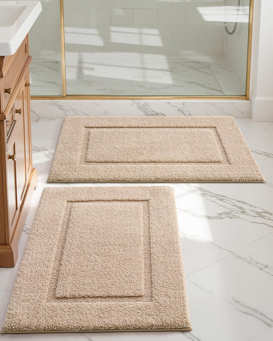 DEXI Bathroom Rugs Set 2 Piece 32x20, Washable Non Slip Bath Mat for Shower Floor, Absorbent Quick Dry Bathmat with Rubber Backing, Ultra Soft Plush Carpet for Tub, Beige