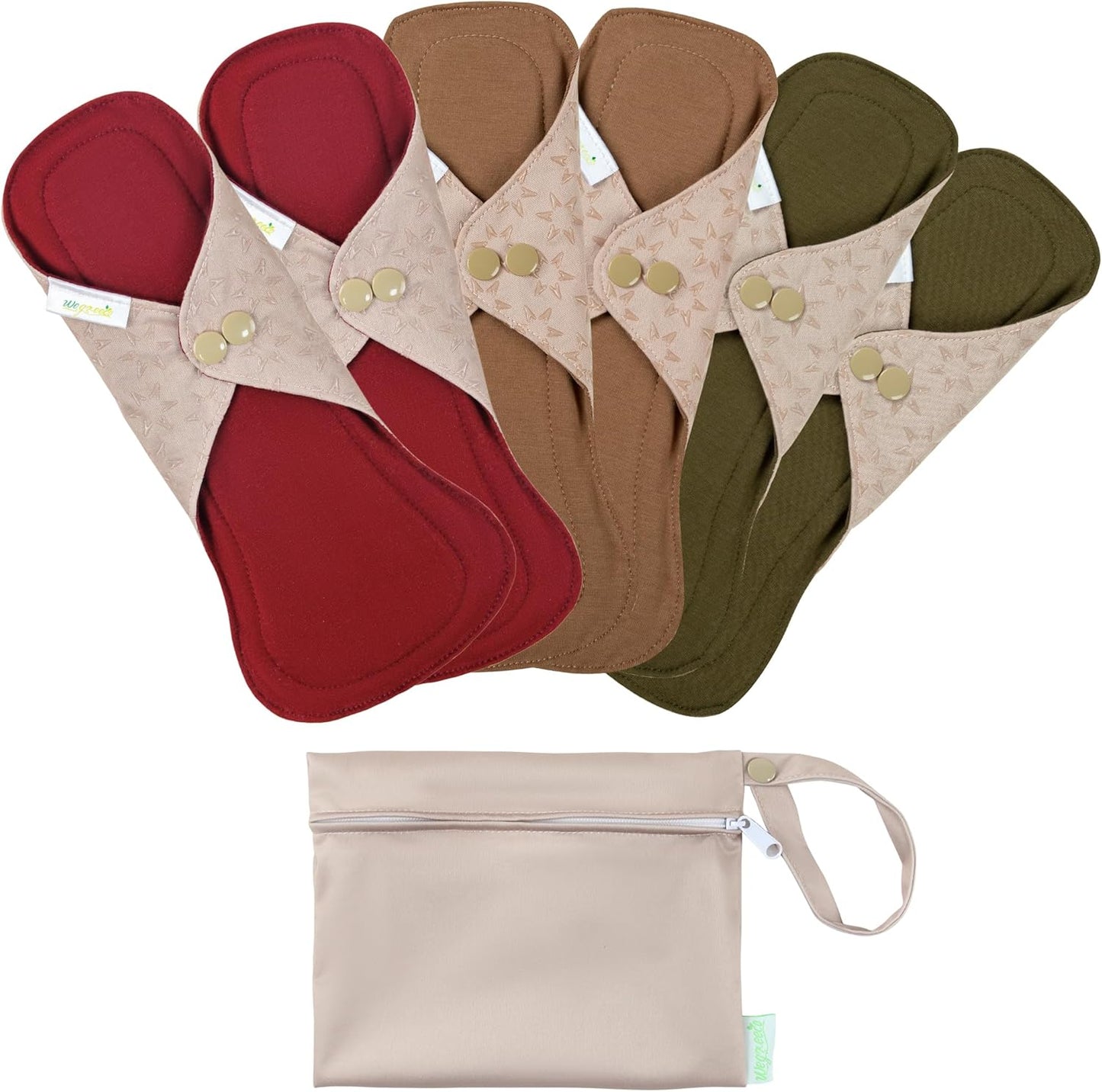 wegreeco 6 Pcs Reusable Menstrual Pads, Ultra Absorbent Cloth Pads for Heavy Flow, Sanitary for Teens, Women, Nonslip, Inner Aqua, Burgundy, Coffee, Rose Gold Outer, S