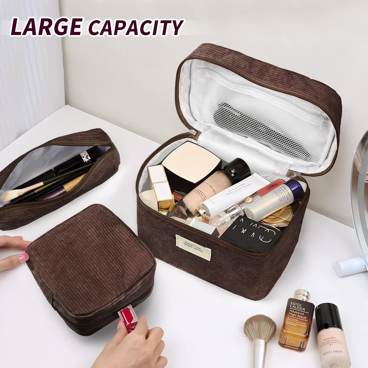 4 Pcs Makeup Bag for Women Corduroy Cosmetic Bag Aesthetic Cute Bags Multi Size Purse Pouch Travel Toiletry Bag Set Makeup Organizer with Zipper(Brown)