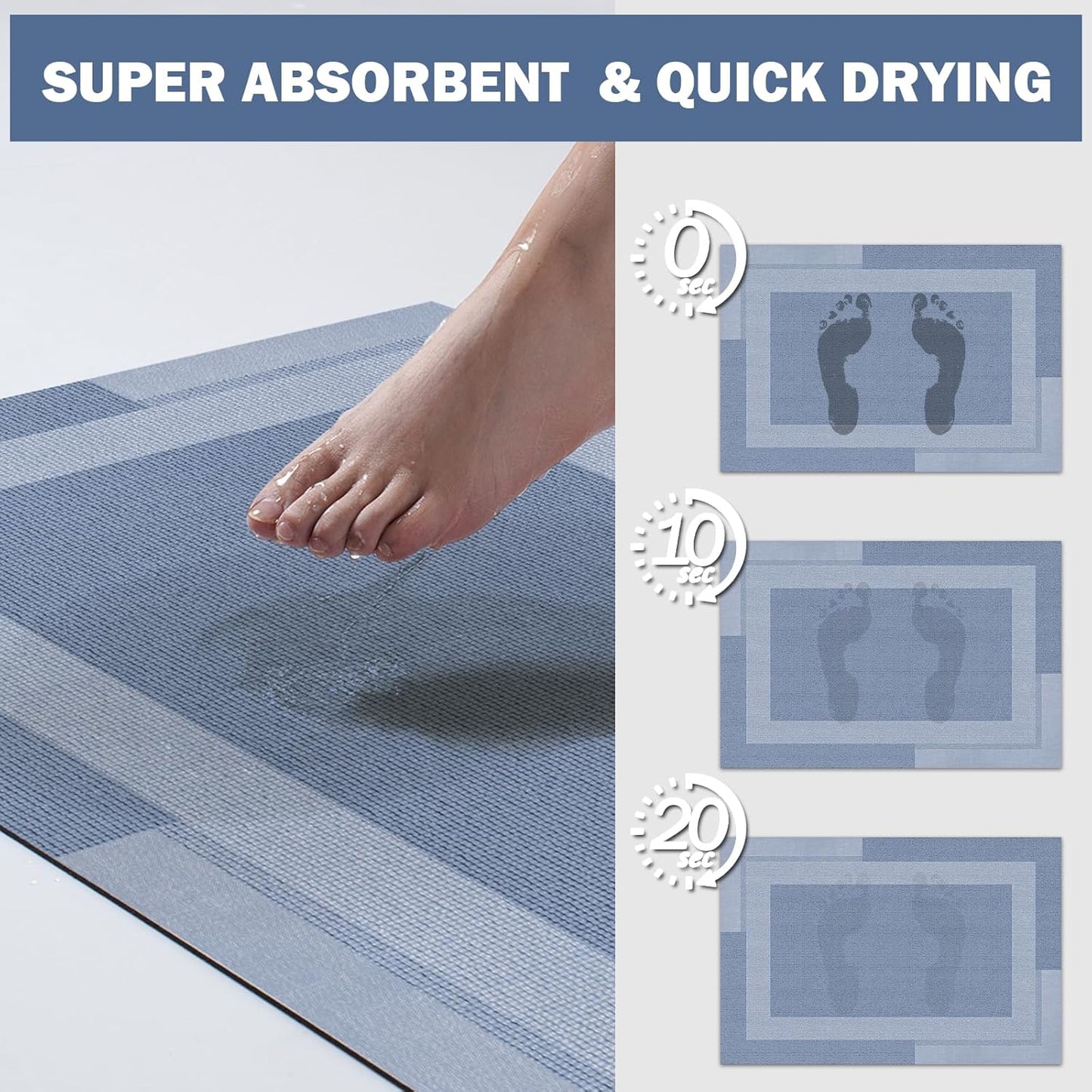 Non Slip Bath Mat, Rubber Backing Ultra Thin Bathroom Rugs Fit Under Door Quick Dry Super Absorbent Washable Bath Rug Shower Mat for Bathroom Floor Bathtub Shower Sink, Easy Care Blue 16"x 24"