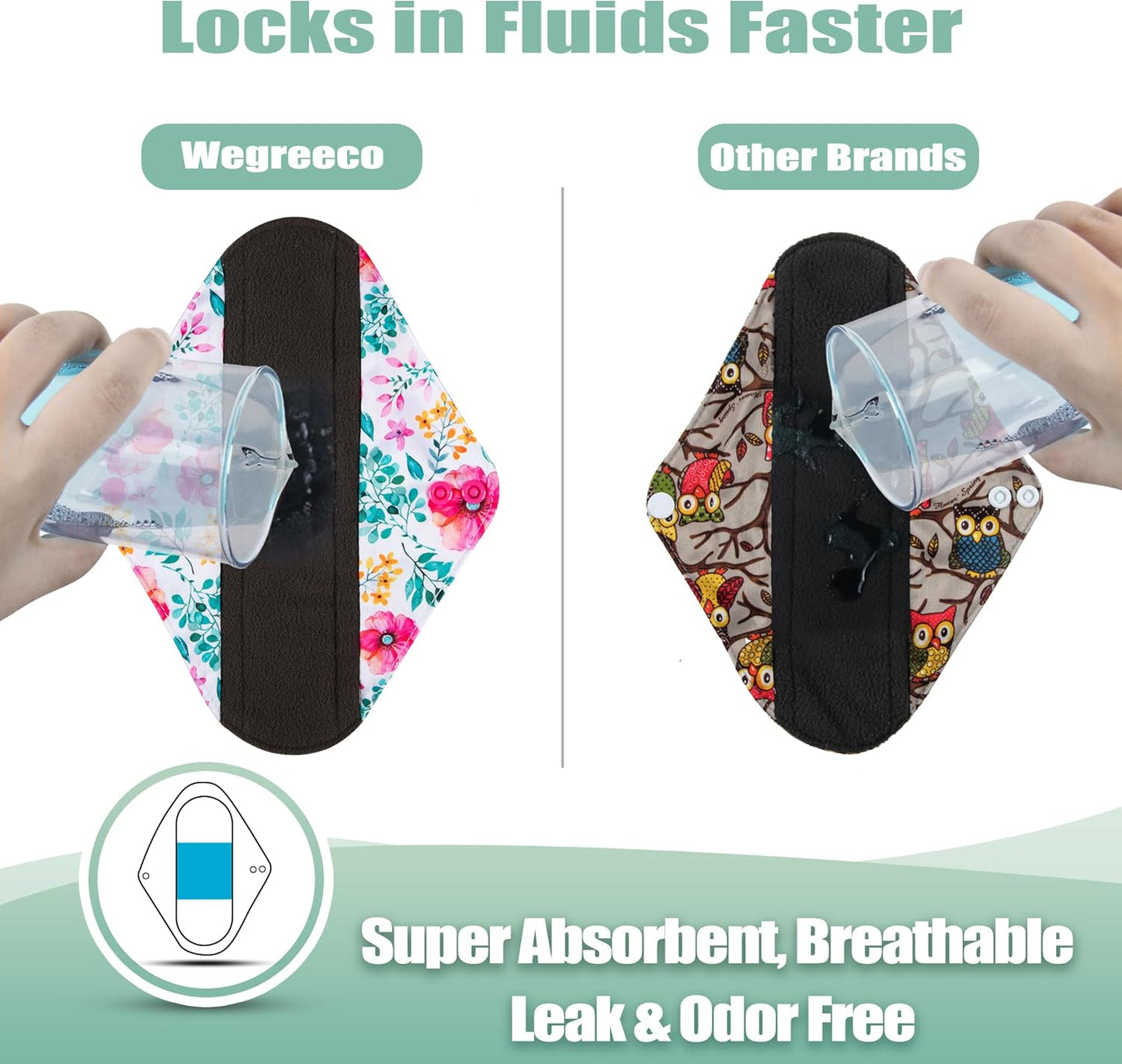 Wegreeco Cloth Menstrual Pads - Soft Washable Pads for Women - Reusable Panty Liners for Women - 6 Pack with 1 Cloth Mini Wet Bag (Large, Peonyony)