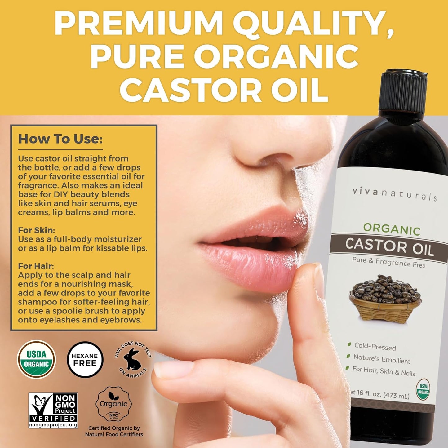 Viva Naturals Cold pressed Organic Castor Oil 16 fl oz - Castor Oil for Face, Eyelashes, Traditional Eyebrow Serum, Hair Oil - Certified Organic & Non-GMO