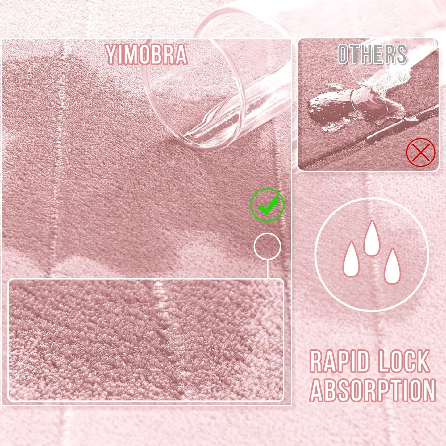 Yimobra Pink Bath Mat 24x17 Inch, Super Soft Absorbent Memory Foam Bathroom Rug Non Slip, Quick Dry, Machine Washable Floor Carpet for Tub Shower, Home Decor Accessories