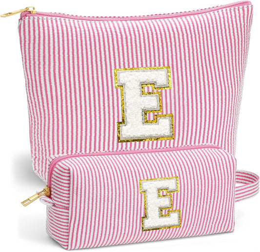 Initial Makeup Bag Set - Cute Pink Stuff for Women, Makeup Pouch Cosmetic Bag, Travel Essentials Toiletry Bag, Birthday Christmas Gifts for Women Stocking Stuffers, Pink Letter E
