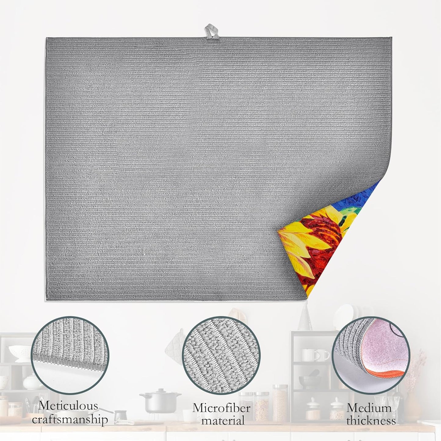 Sunflowers Dish Drying Mat,Modern Art Drying Rack Pad Countertop Dishes Ultra Absorbent Microfiber Kitchen Counter Mat for Coffee Countertop Decor 18x24 Inch