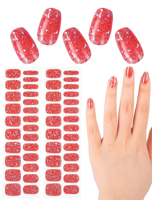 Self-Adhesive Semi Cured Gel Glitter Nail Strips No UV Light Needed, 48 Pcs Press on Color Nail Design Polish Stickers Kit with Nail Files for Women (Deep Red)(Deep Red)