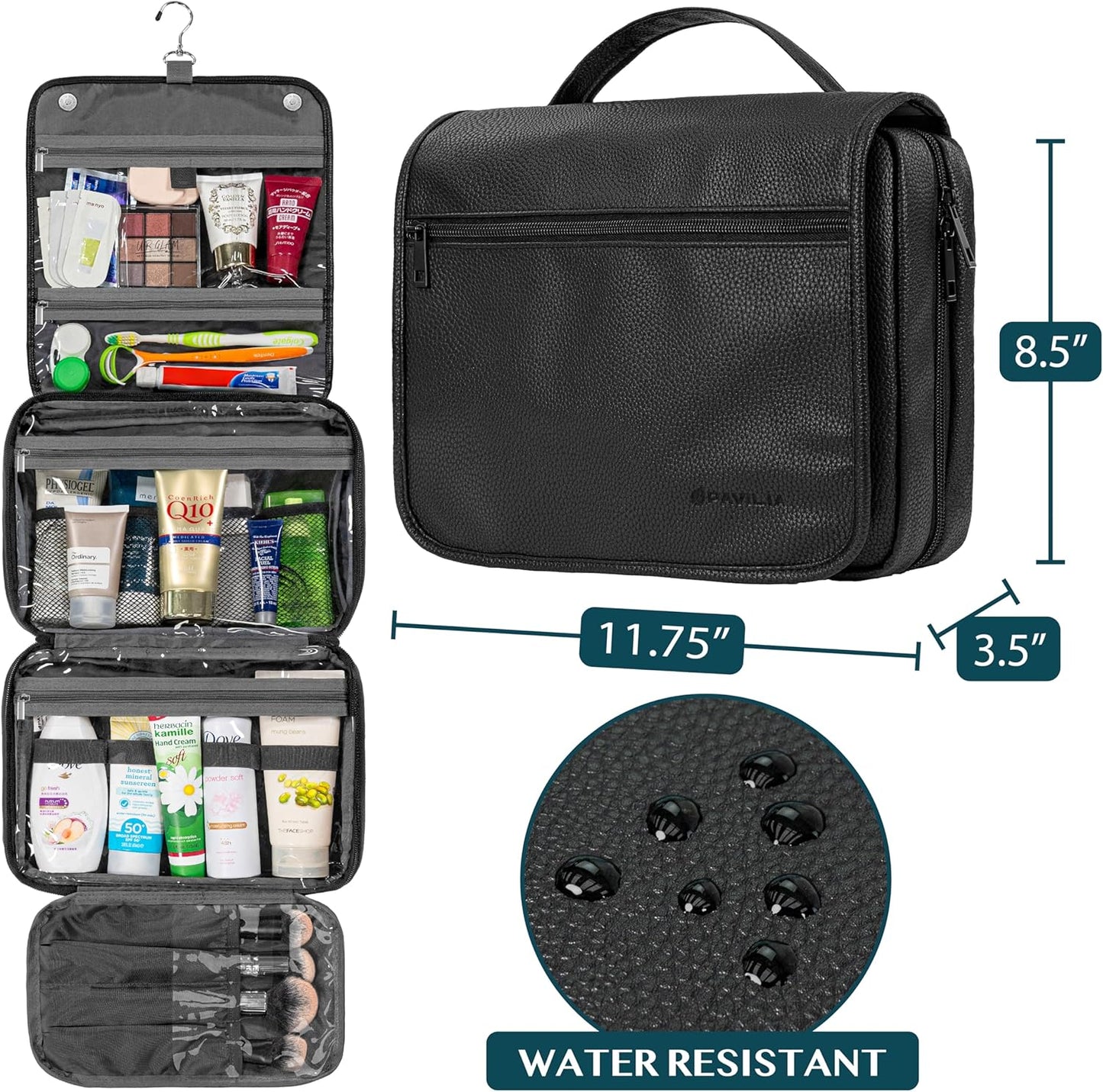 PAVILIA Hanging Toiletry Bag Women Men, Foldable Cosmetic Organizer Travel Bag, Water Resistant Makeup Bag Toiletries, Large Travel Essentials Kit (Black)