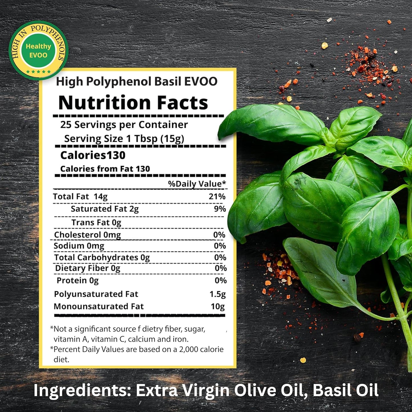 M.G. PAPPAS High Polyphenol Rich Basil Infused Olive Oil - Extra Virgin Olive Oil Polyphenol Lab Report 650mg/kg - Cold Pressed & Unfiltered - High Hydroxytyrosol Greek Olive Oil - Award Winning