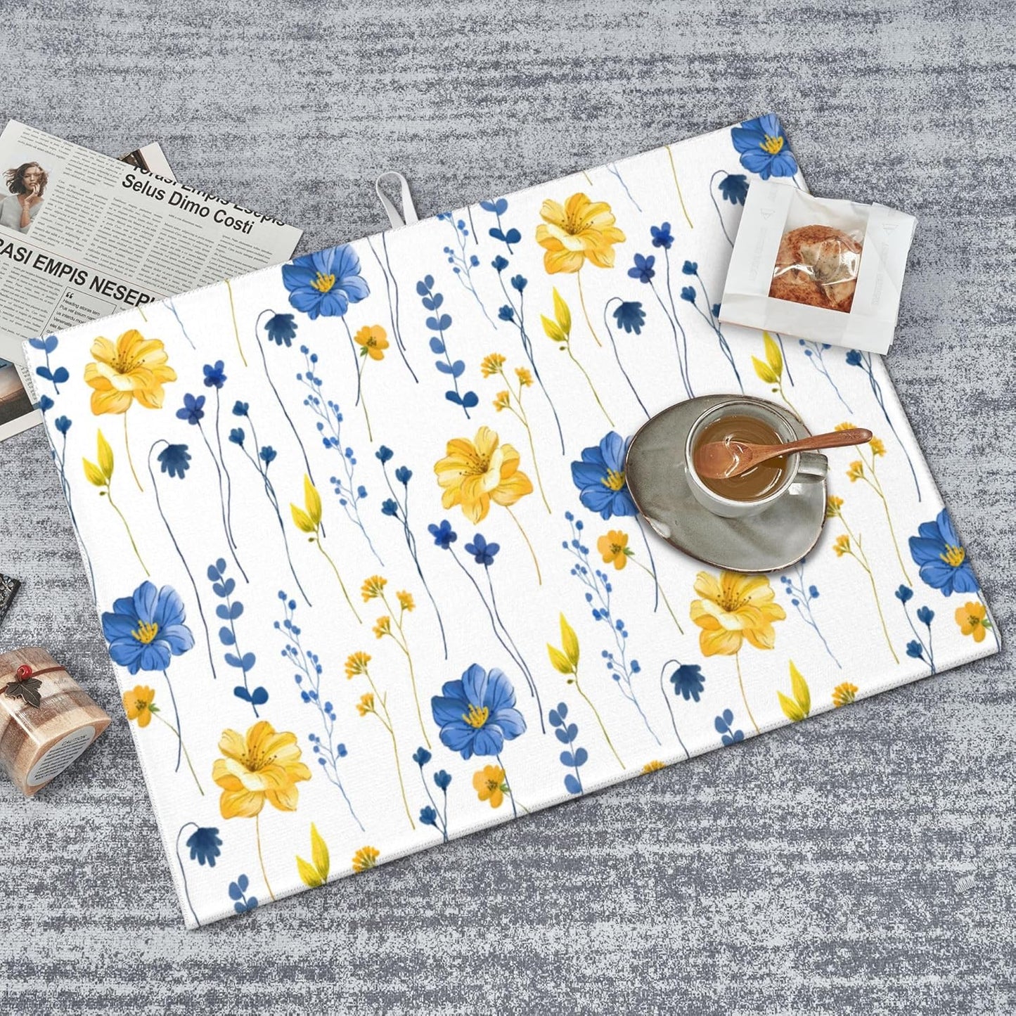 Watercolor Floral Decorative Microfiber Dish Drying Mat for Kitchen Counter 18"x24" Navy Blue Yellow Flower Dishes Pad Dish Drainer Rack Mats Absorbent Washable Reusable