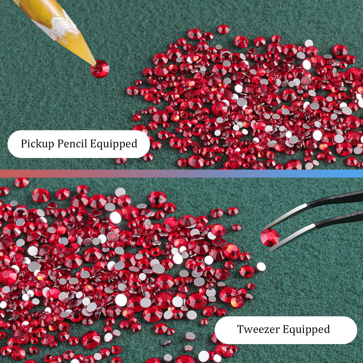 6 Sizes Red Glass Crystal Kit with Pickup Pen + Tweezer Tools for Shine Nail Art Manicure Makeup DIY Decoration Flatback Round Rhinestone Gem Jewelry Diamond