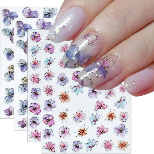 4 Sheets Purple Gold Flower Nail Art Stickers 5D Embossed Flowers Self-Adhesive Pegatinas Uñas Colorful Petals Nail Decals Purple Flower Nail Stickers for Women Nail Art Decoration
