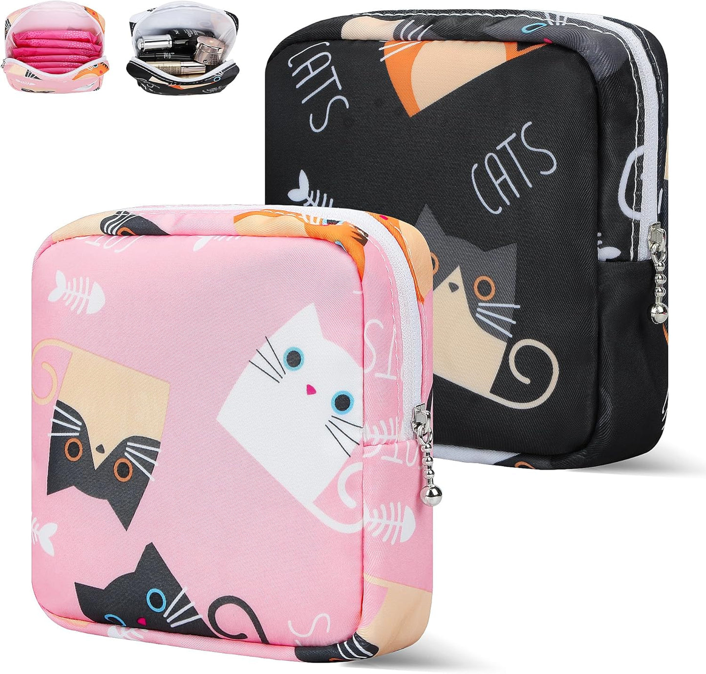 Period Bag Pouch, Canvas Sanitary Napkin Storage Bag for Girls Womens, Portable Sanitary Napkin Period Pad Pouch for Purse, Small Make Up Bags(Cat, Pink)