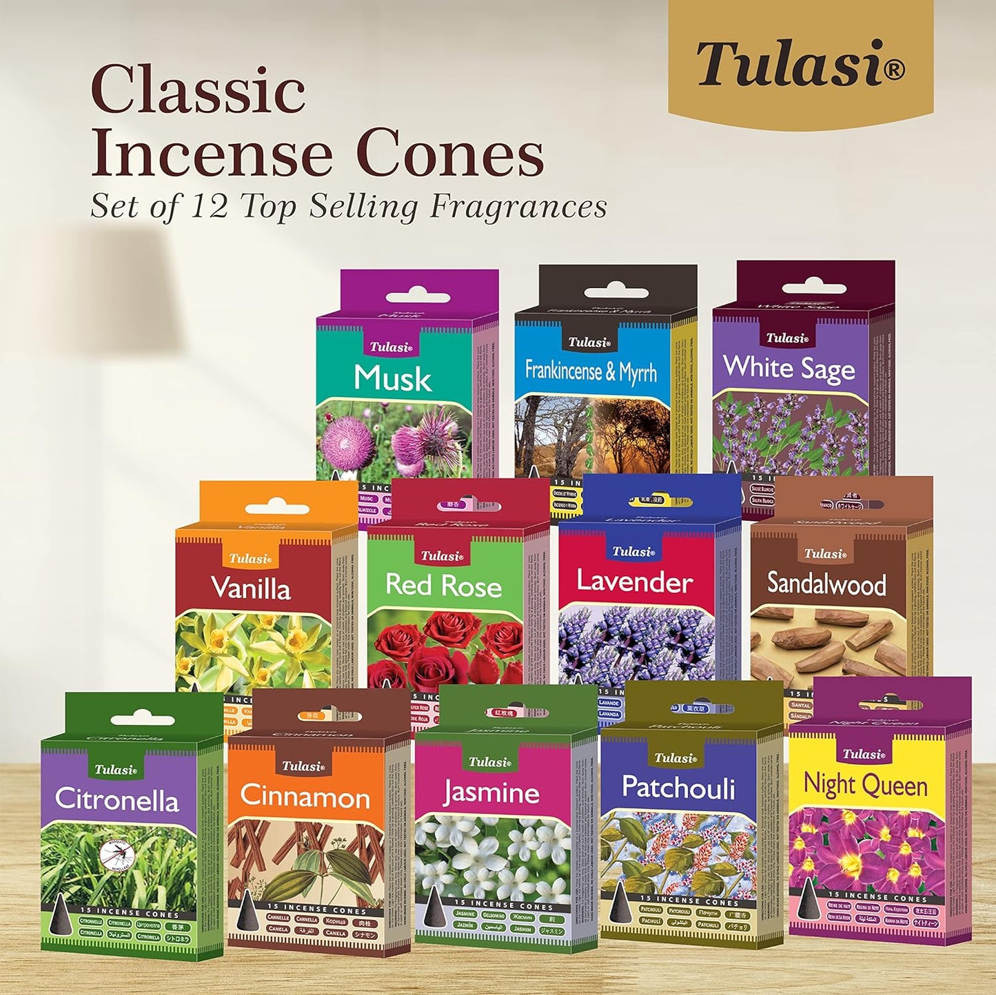 Tulasi Classic Incense Cones with Natural Oils Scents, Set of 12 Fragrances (180 Cones) Calming Home Aromatherapy, Meditation, Relaxing, Mixed Scents with Natural Oils