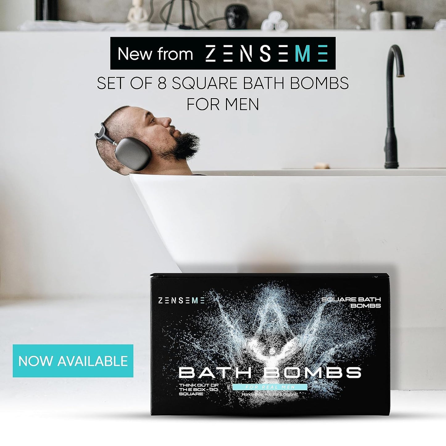 Bath Bombs for Men - Gift Set of 8 Scented Organic Handmade Natural Bath Bombs of 2.5 oz w/Natural Essential Oils, Unique Extra Strength Manly Scents, for Boyfriend, Husband, Father - Square Shape