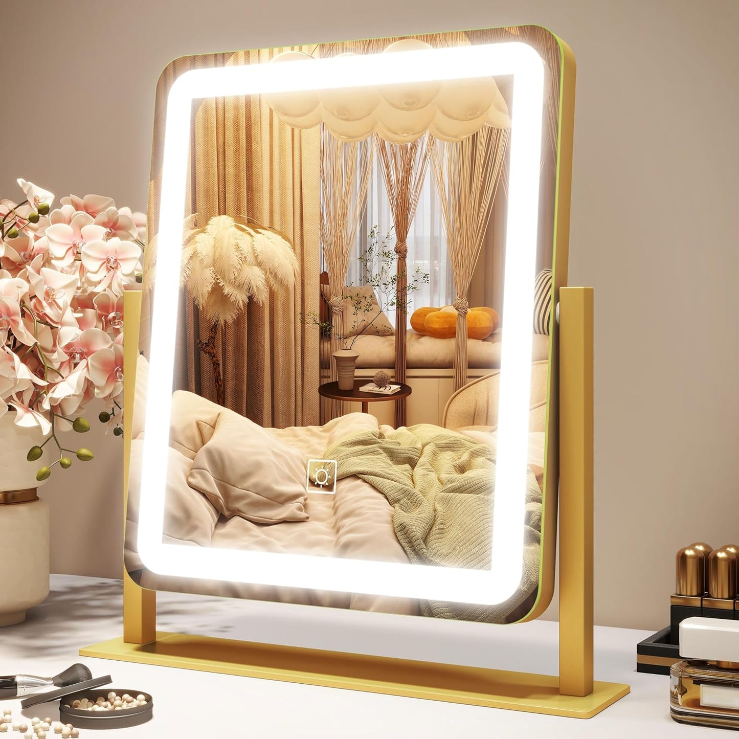 Vanity Mirror with Lights, 12.6"×15" LED Makeup Mirror, Lighted Makeup Mirror with Lights, Smart Touch Control Dimmable 3 Modes Light, Lighted Up Mirror for Makeup Desk, Gold