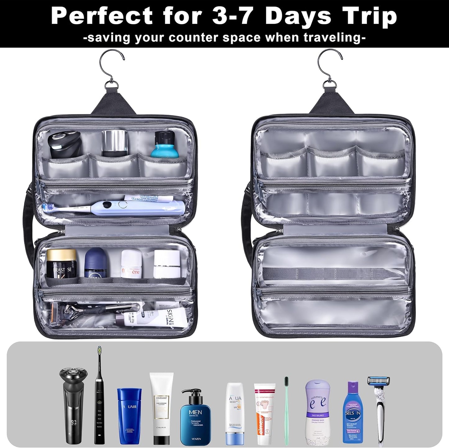 Toiletry Bag for Men, YKK Zippers Hanging Bathroom Shower Hygiene Bag with Metal XXL Swivel Hook, Big Comparment, Waterproof for Travel Accessories