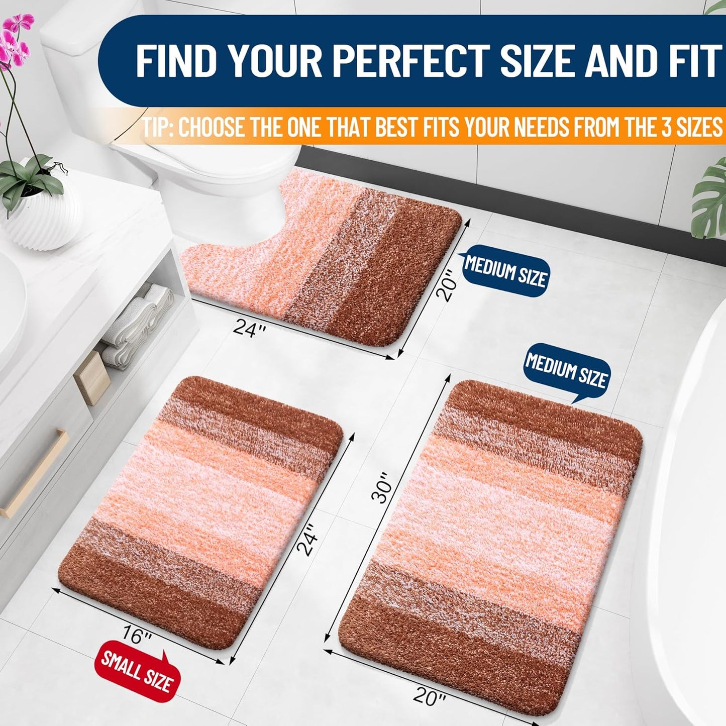 OLANLY Luxury Toilet Rugs U-Shaped 24x20, Extra Soft and Absorbent Microfiber Bathroom Rugs, Non-Slip Plush Shaggy Bath Mat, Machine Wash Dry, Contour Bathroom Mats for Toilet Base, Orange