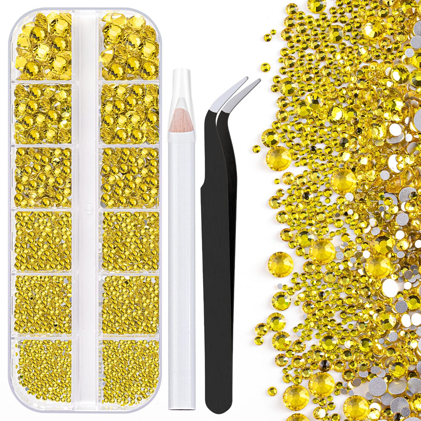 One Pack 2000 Pcs of Flatback Round Lemon Yellow Rhinestones 6 Sizes (1.5-6 mm) with Nail Art Rhinestone Picker Pencil and Tweezer for DIY and Salon Use