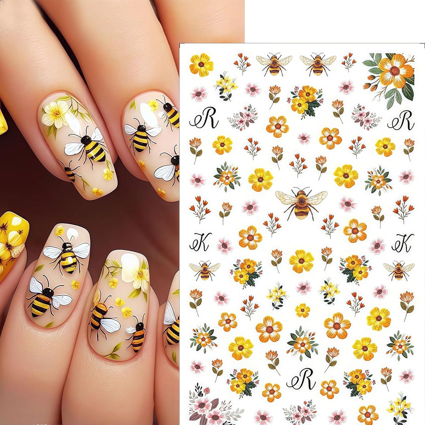 6 Sheets Bee Flower Nail Art Stickers 3D Self Adhesive Sunflower Stickers Yellow Floral Daisy Decals Spring Summer Nails Art Supplies Accessories for Women Girls DIY Manicure Decoration
