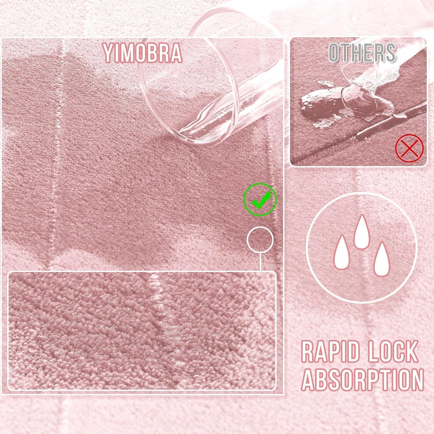 Yimobra Large Bath Mat 36"x24", Super Soft Quick Dry Memory Foam Bathroom Rug, Water Absorbent, Non Slip Backing Machine Washable for Tub Shower, Thick Comfort Support, Pink
