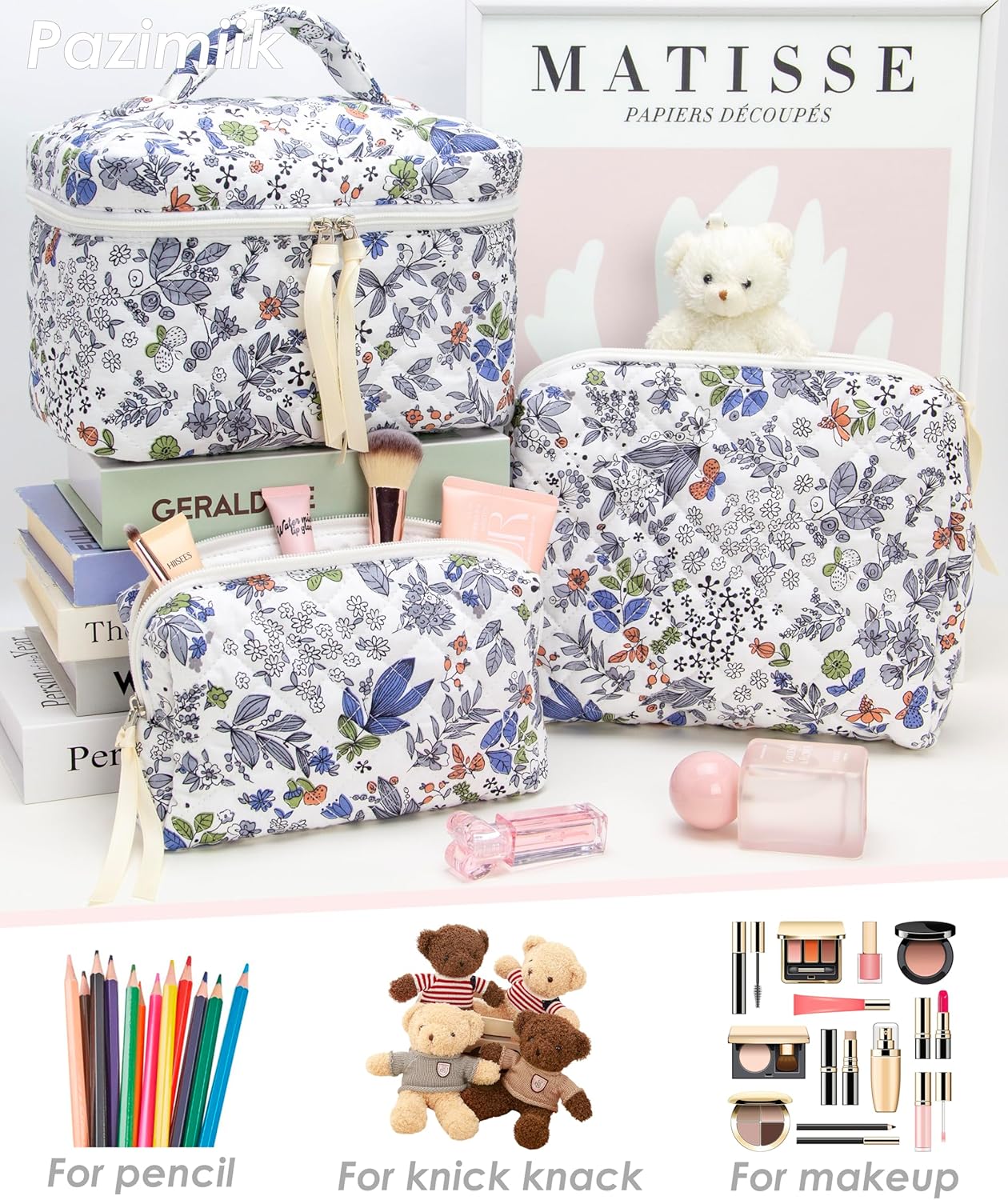 PAZIMIIK 3PCS Makeup Bag SET Large Travel Quilted Zipper Soft Cosmetic Case Pouch for Women Girls Make Up,Leaf White