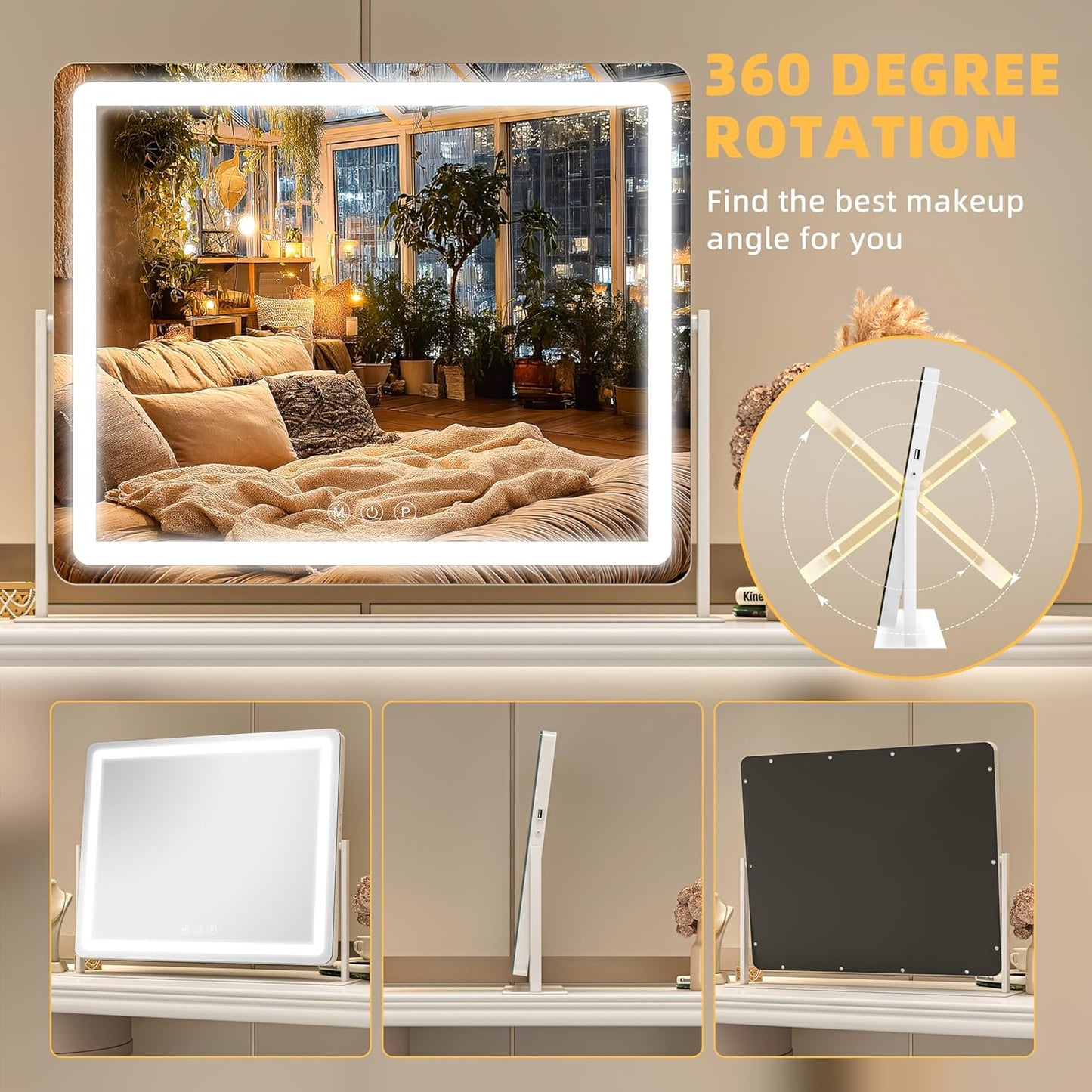 Vanity Mirror with Lights, 25.6'' x 22'' Lighted Makeup Mirror, Touch Screen with 3-Color Lighting, Dimmable for Vanity Desk Tabletop Round White