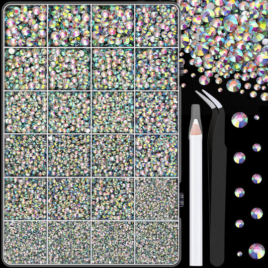 25000Pcs Resin Rhinestones with Tweezers for Crafting, AB 2-6mm Mixed Sizes Non Hotfix Flatback Gems, Bedazzling Crystal for DIY Craft Clothing Mugs Tumblers Shoes Fabric Decor Nail Art