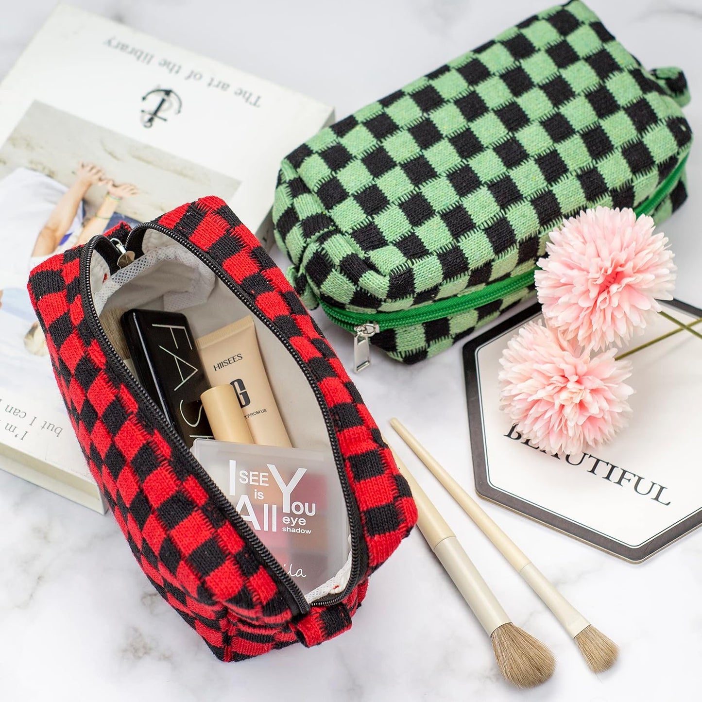 PAZIMIIK Checkered Makeup Bag for Purse Portable Zipper Make Up Pouch Small Cosmetic Case for Travel Accessories (Red Black)