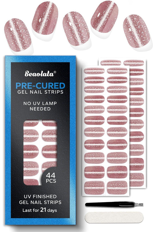 Pre Cured Gel Nail Strips - 44PCS Salon Quality Gel Nail Stickers - Long Lasting Polish Wraps for Women no UV Light Needed Easy Apply& Remove (Starry Pink Sky）