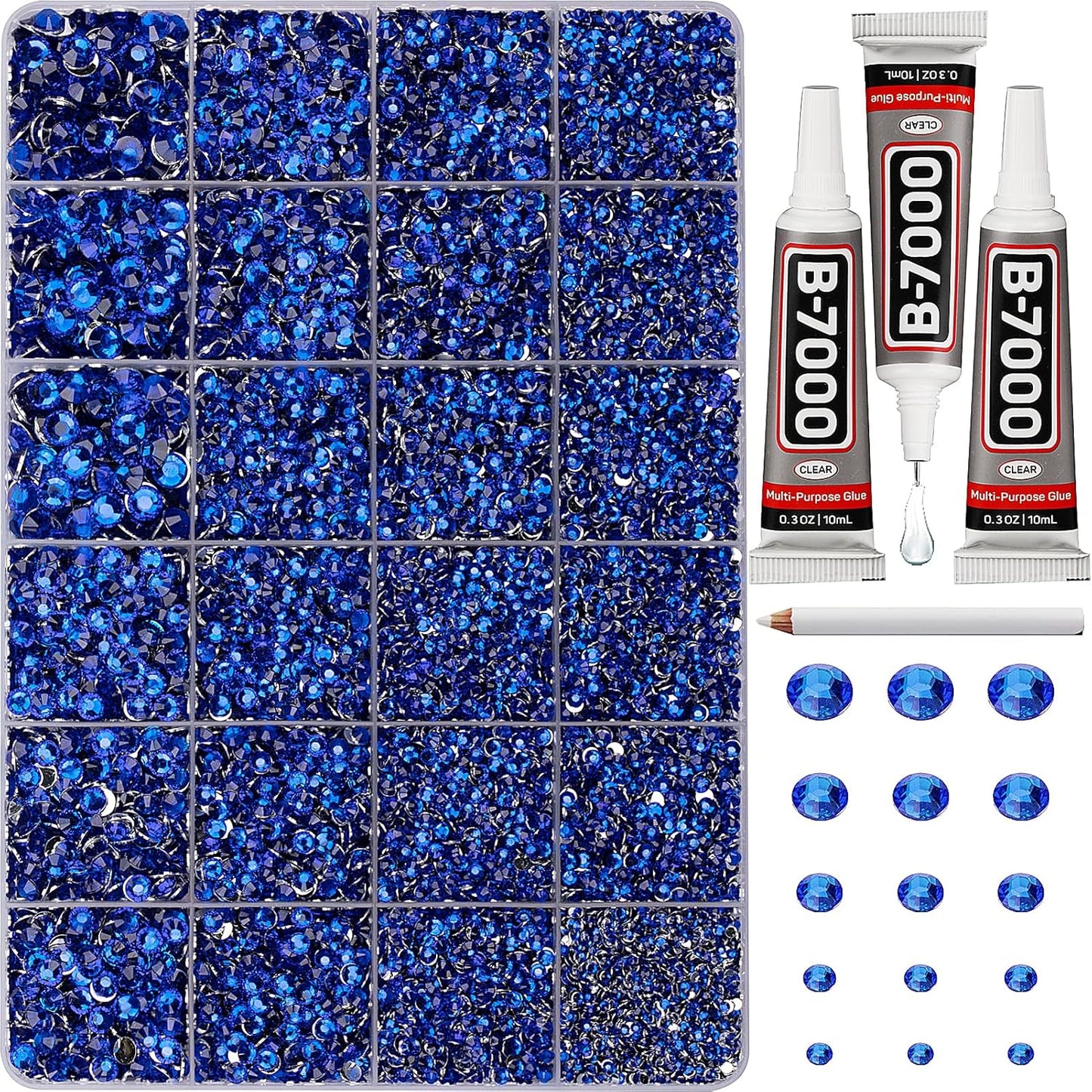30000Pcs Resin Rhinestones for Crafting Bedazzling, Blue Flatback Gems Crystal for Crafts Clothing Clothes Shoes Fabric Tumblers Cups, Bling Dark Royal Navy Blue Flat Back Jewels with b7000 Glue