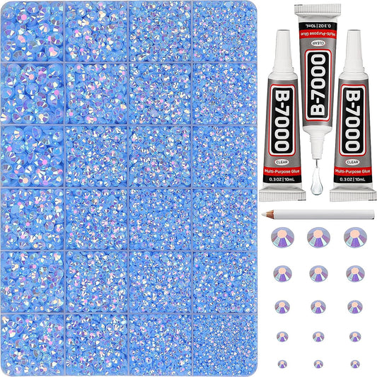 30000Pcs Resin Jelly Rhinestones Set for Crafting Bedazzling, Baby Blue AB Flatback Gems Jewels for Crafts Clothes Shoes Fabric Outfit Nails Makeup, Flat Back Crystal 2-6mm with b 7000 Glue