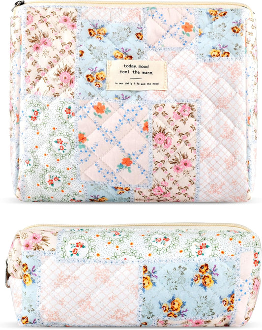 2Pcs Quilted Cotton Makeup Bag Large Travel Makeup Pouch Small Brush Holder Set for Women Cute Floral Coquette Makeup Bag Aesthetic Cosmetic Bag Flower Bee Toiletry Organizer Storage Bag Zipper Pouch