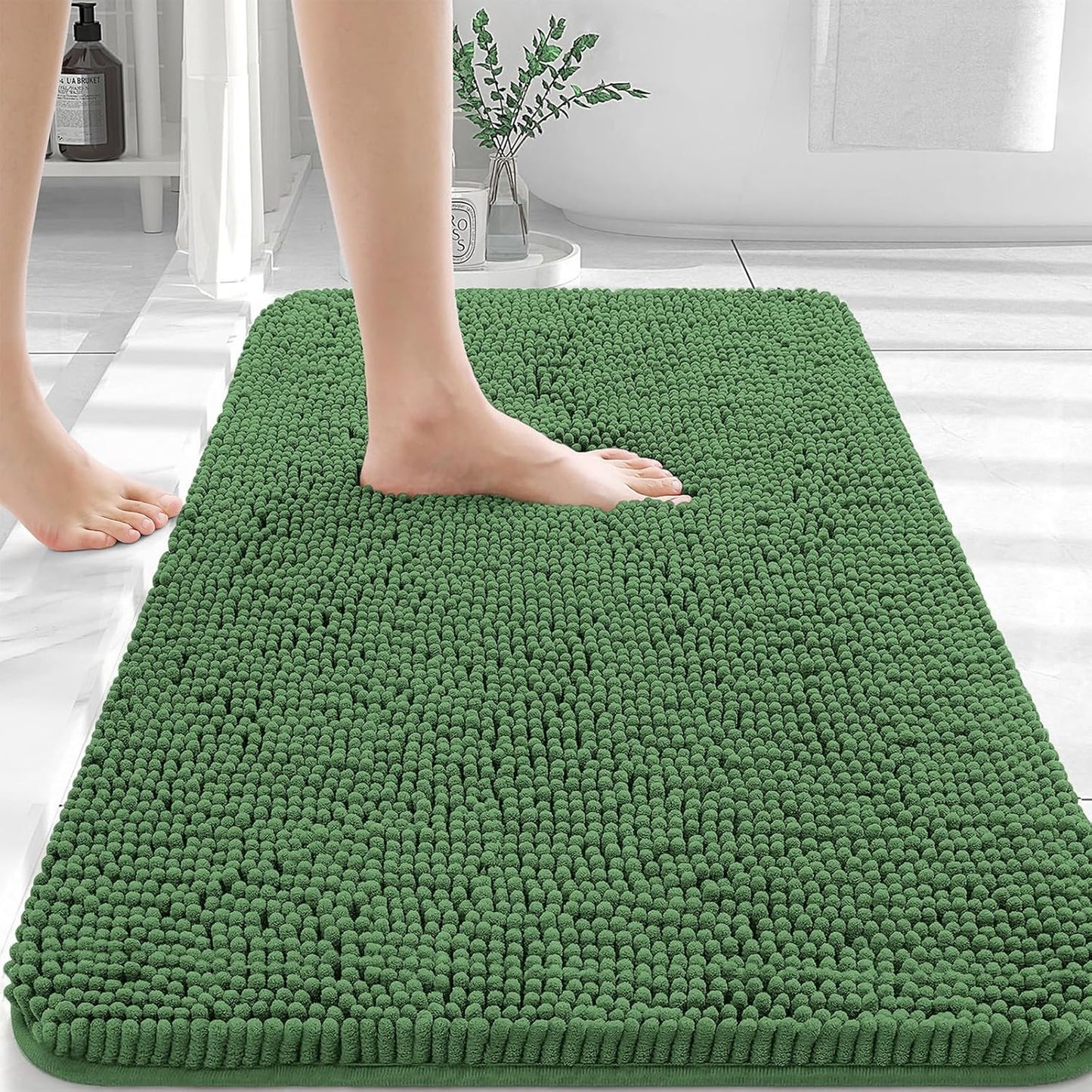 OLANLY Bathroom Rugs 30x20, Extra Soft Absorbent Chenille Bath Rugs, Rubber Backing Quick Dry, Machine Washable Bath Mats for Bathroom Floor, Tub and Shower, Home Decor Accessories, Olive Green