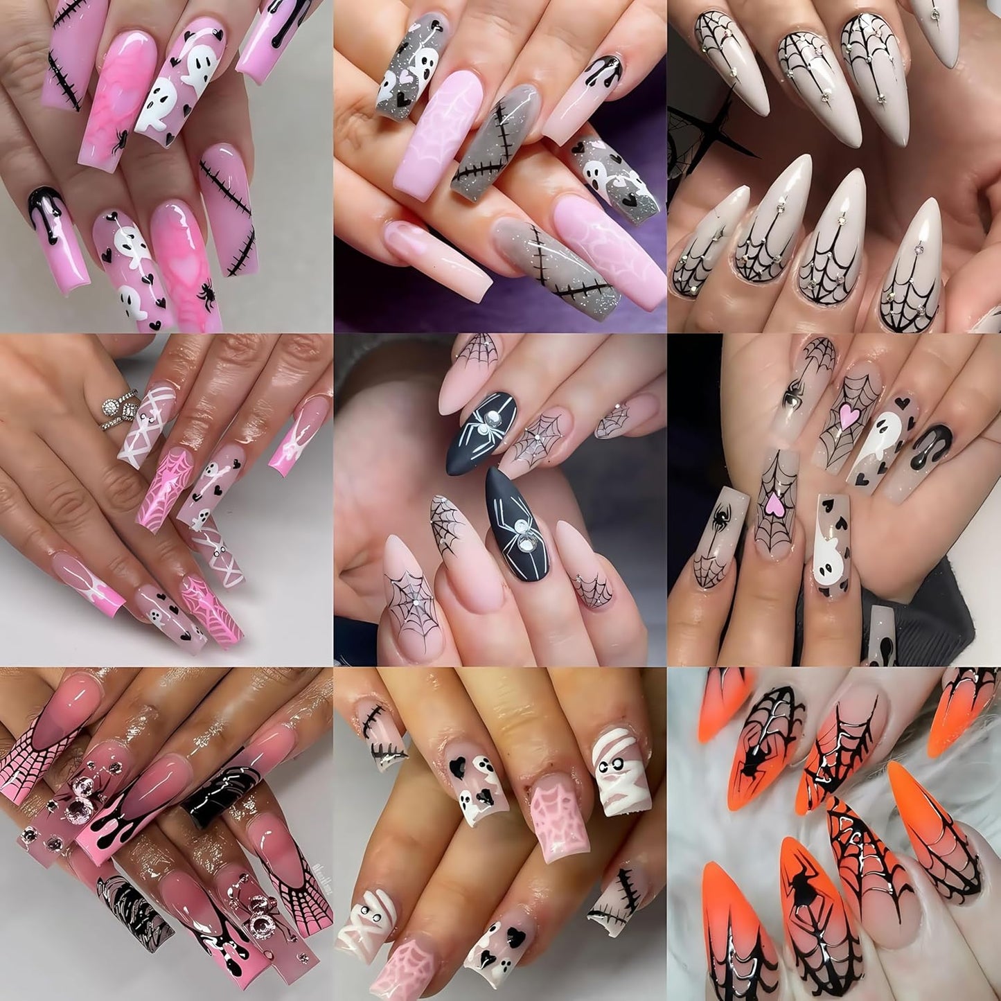 8 Sheets Spider Nail Art Stickers Halloween Ghost Nail Decals 3D Self-Adhesive Black White Heart Spider Web and Rhinestones Spiders Nail Design Acrylic Nails Decoration for Women Holiday Nail Charm