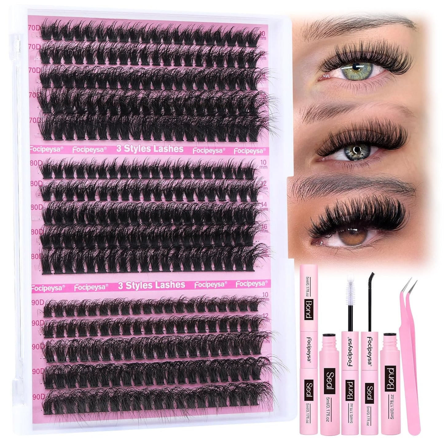 Focipeysa Full Volume Lash Extension Kit 70D 80D 90D Thick Lash Extension Kit 10-18mm Wispy Lash Clusters Individual Lashes Kit with Lash Bond and Seal for DIY Lash Extension at Home