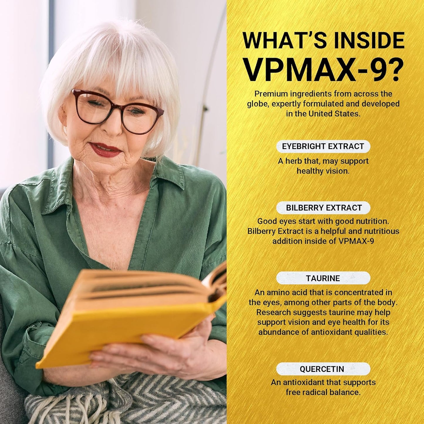 Golden After 50 VpMax-9 - Sight Care and Antioxidant Supplement with Eye Vitamins, Lutein, Lycopene and Bilberry Extract - 3 Bottles